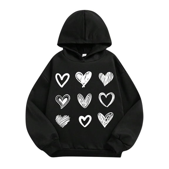 HAOTAGS Toddler Girls Hoodies, Round Neck Long - Sleeve with Heart Prints Casual Hooded Hoodie Sweatshirt for Boys Girls Black 5 Years