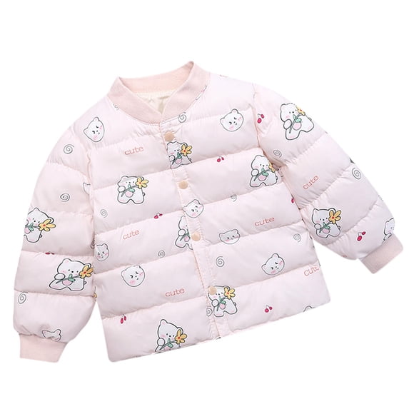 HAOTAGS Toddler Girls Hoodless Puffer Jackets, Casual Winter Warm Outerwear Long Sleeve Cut Carton Print Turndown Neck Pink 7 T