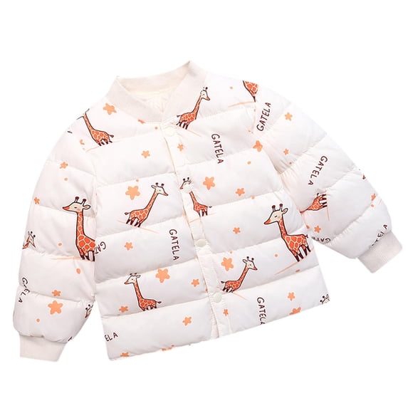 HAOTAGS Toddler Girls Hoodless Puffer Jackets, Cut Carton Print Casual Winter Warm Outerwear Long Sleeve Turndown Neck Beige 5 T