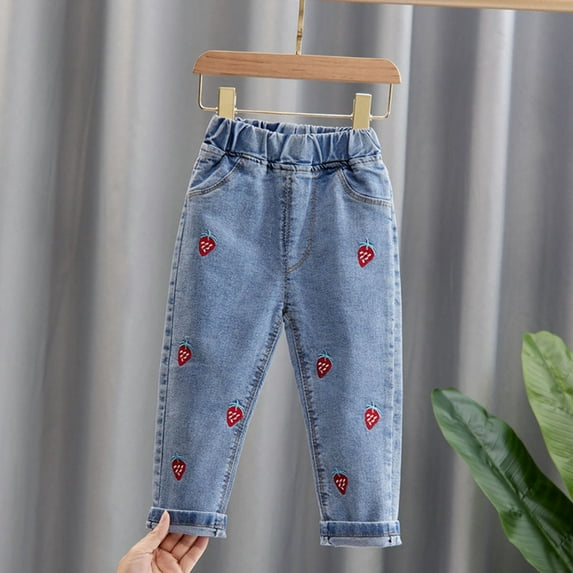 HAOTAGS Toddler Girls Jeans（1-8）Cute Graphic Print Elastic Waist Casual Soft Cotton Pants Blue Size 3 Years