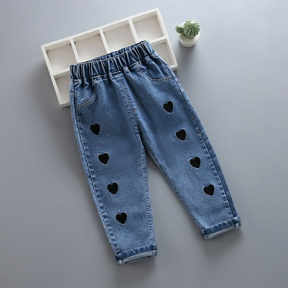 HAOTAGS Toddler Girls Jeans（1-8）Cute Graphic Print Elastic Waist Casual Soft Cotton Pants Blue Size 3 Years