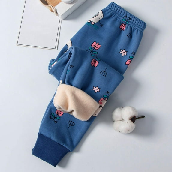 HAOTAGS Toddler Girls Lantern Pants, Graphic Print Casual Warm Pants Elastic Fleece Lined Blue 7 T
