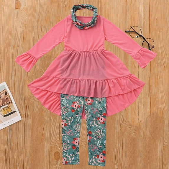 HAOTAGS Toddler Girls Outfit Set Long Sleeve Dress, with Neckband and Printed Pants 3 Piece Set Hot Pink 3 T