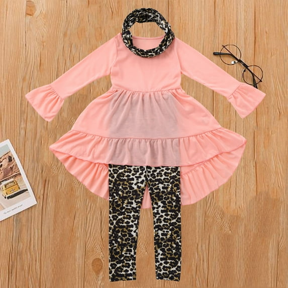 HAOTAGS Toddler Girls Outfit Set Long Sleeve Dress, with Neckband and Printed Pants 3 Piece Set Pink 3 T