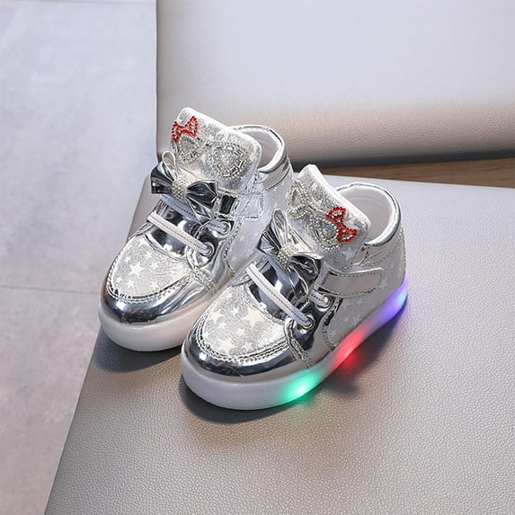 HAOTAGS Toddler Girls Shoes with LED Light Up Shoes Bowknot Toddler Sneakers for Christmas Birthday Silver Size 6 Toddler