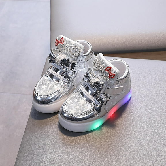 HAOTAGS Toddler Girls Shoes with LED Light Up Shoes Bowknot Toddler Sneakers for Christmas Birthday Silver Size 9 Toddler