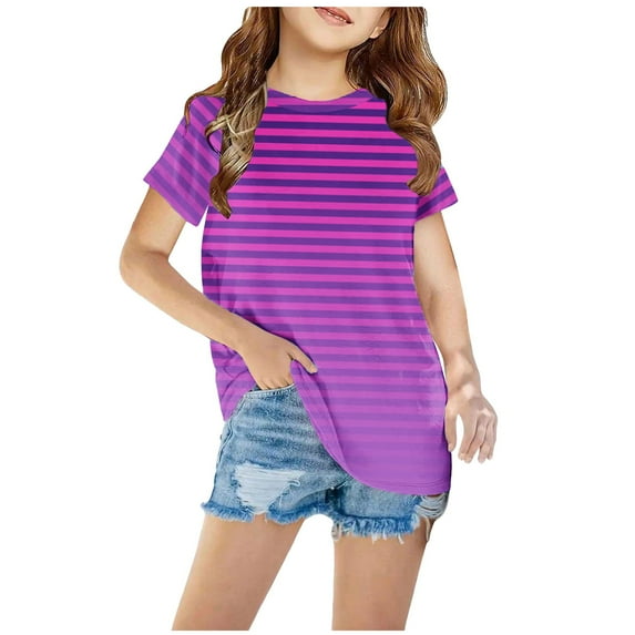 HAOTAGS Toddler Girls Strpied Print Tshirts, Short Sleeve Round Neck Tee Top Purple 7 T