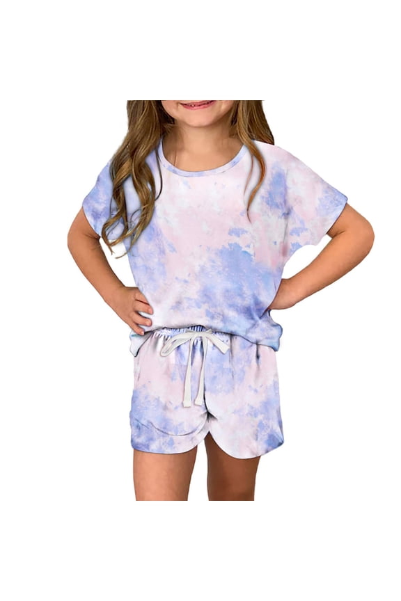 Toddler Girls Tie Dye Print Outfit Set, Short Sleeve T-shirts with Sorts 2 piece Set Purple Size 4 T