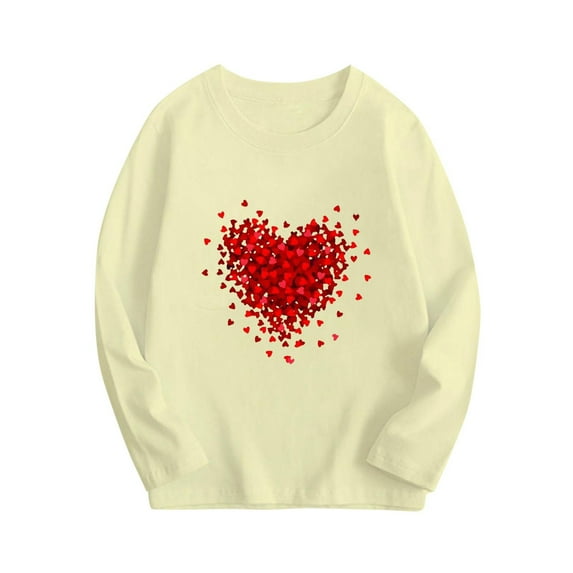 HAOTAGS Toddler Girls Valentine's Day Long Sleeve Tops Graphic Print Round Neck Tee Beige Size 5 Years