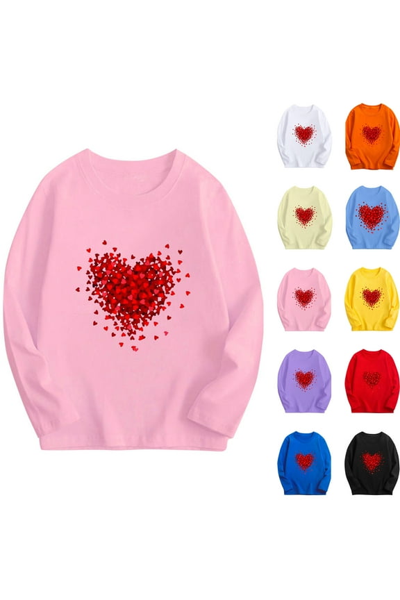 Toddler Girls Valentine's Day Long Sleeve Tops Graphic Print Round Neck Tee Pink Size 5 Years