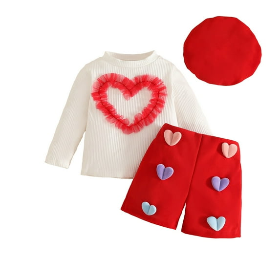 HAOTAGS Toddler Heart Outfit Sets,Beret 3-Piece 3D Heart Shorts Mesh Ruffle Top Playwear Clothes Red 18-24 Months