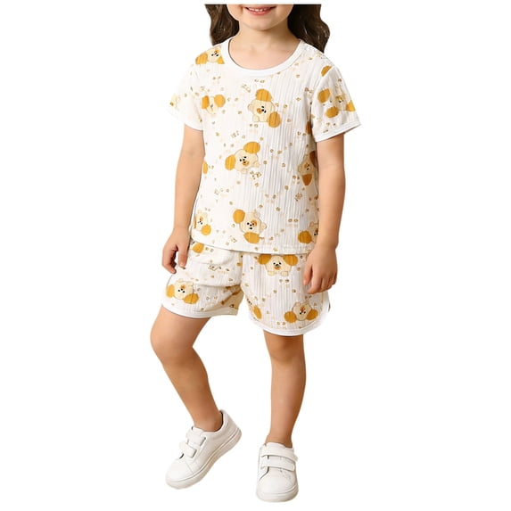 HAOTAGS Toddler Summer Lounge Set,Bear Printed Sheer-Light Tee with Elastic-Waist Shorts Lightweight Kids Cute Homewear 2-Piece Brown 6-12 Months
