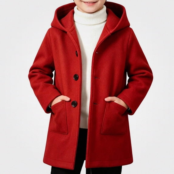 HAOTAGS Trench Coat for Boys (2-10) Long Sleeve Hooded Casual Outwear Wool/Polyester Blend Pea Coat Red Size 5T