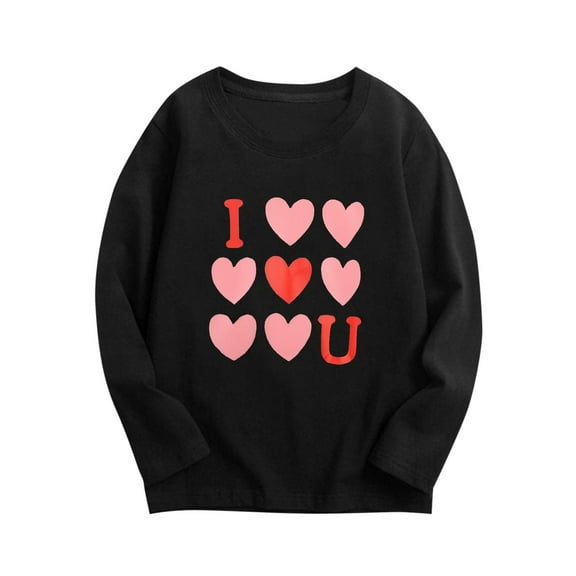 HAOTAGS Valentine's Day Tee Tops for Toddler Boys Girls Long Sleeve Round Neck Graphic Print Shirts Black Size 6 Years