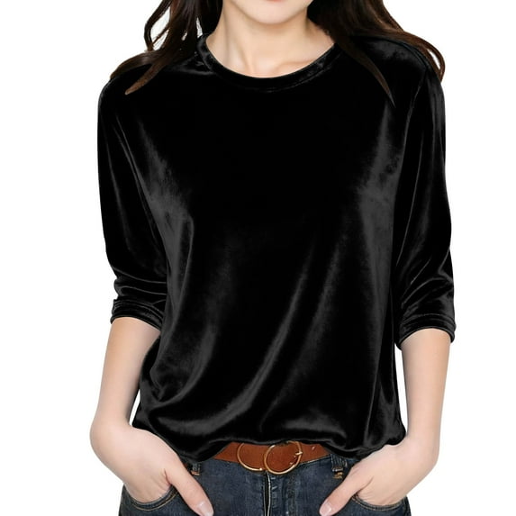 HAOTAGS Velvet Top Girls,3/4 Sleeve Round Neck Solid Color Warm Blouses Black 11-12T