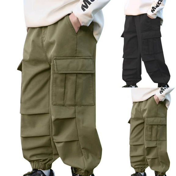 HAOTAGS Waterproof Cargo Pants for Boys,Breathable Multiple Pockets Joggers Elastic Waist Teens Casual Work Pants Army Green 9-10Years