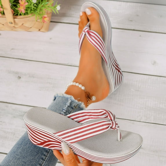 HAOTAGS Wedge Sandals for Women Flower Summer Casual Flip Flops Red Size 7.5