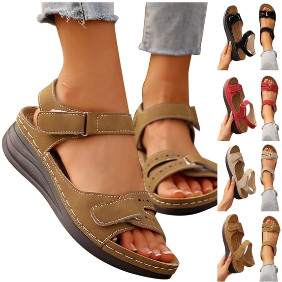 HAOTAGS Wedge Sandals for Women Summer Outdoor Roman Shoes with Arch Support Brown Size 6.5