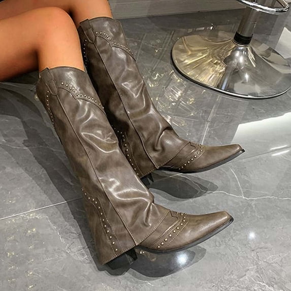 HAOTAGS Western Cowboy Boots for Women, Casual Fall Winter Thick Heel Stylish Leather Boots for Party Khaki 5.5