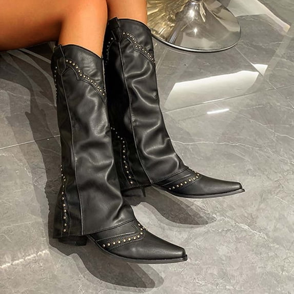 HAOTAGS Western Cowboy Boots for Women, Fall Winter Thick Heel Casual Stylish Leather Boots for Party Black 6