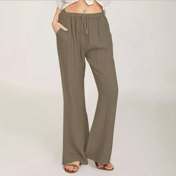 HAOTAGS Wide Leg Linen Pants for Women Loose Cotton Linen with Pocket Solid Trousers Pants Khaki Size L