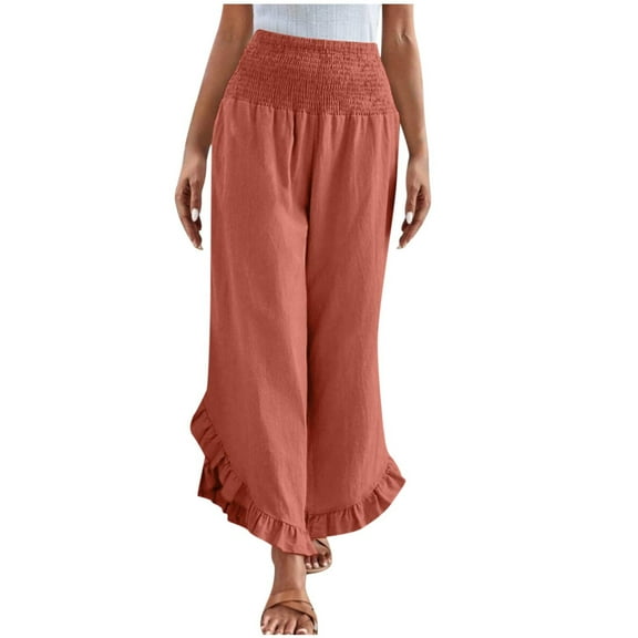 HAOTAGS Wide Leg Pants Woman, Elastic Wide Leg Pant Ruffled Hem Casual Straight Leg Pants Orange L