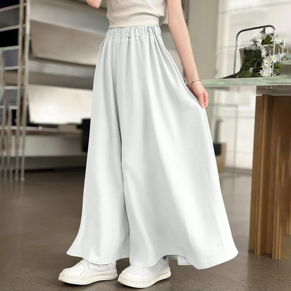 HAOTAGS Wide Leg Pants for Girls, Culottes Solid Color Straight High - waisted Casual Pants White 10-11 Years