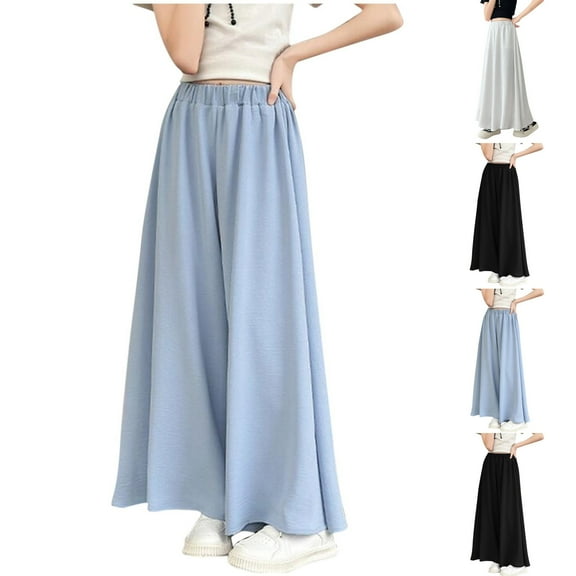HAOTAGS Wide Leg Pants for Girls, Solid Color Straight High - waisted Culottes Casual Pants Light Blue 8-9 Years