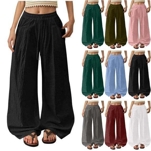HAOTAGS Wide Leg Pants for Women, Casual Loose Elastic Waist Casual Pants With Side Pockets Green M