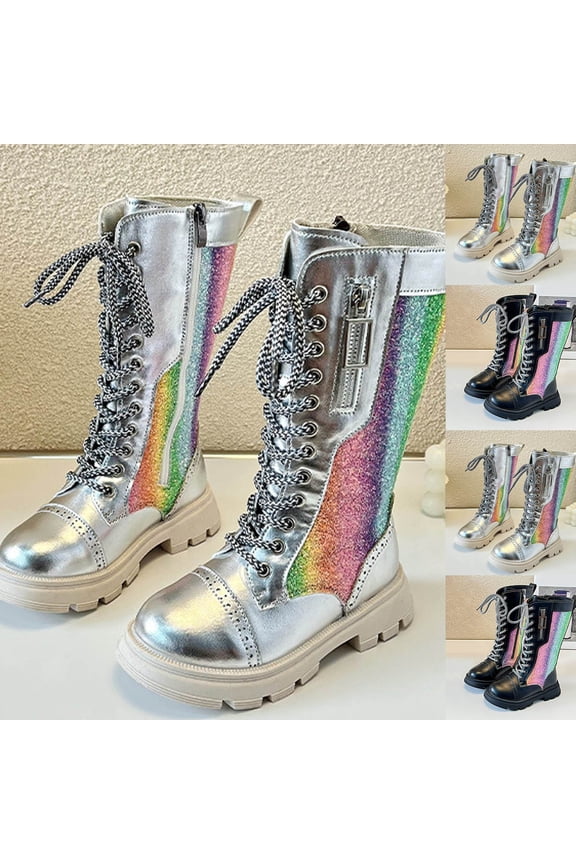 Winter Girls' Solid Zip Martin Long Boots, Lace Up Lace Up Zip Long Boots High - Top Boots Silver 12 Little Kids