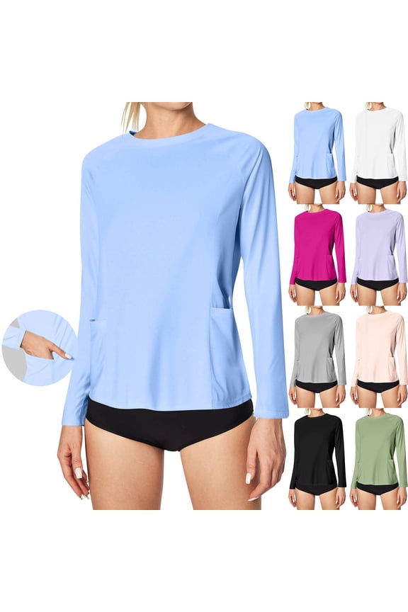 Women Athletic Shirts,Front Patch Pockets Sun Protection Long Sleeve Lightweight UPF 30+ Shirts Light Blue M
