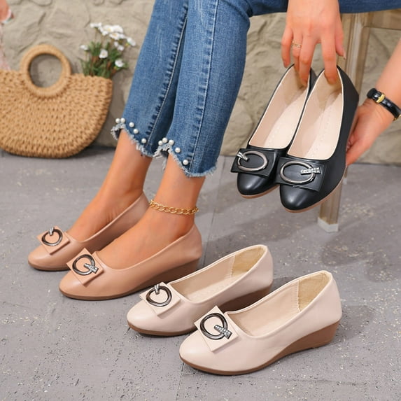 HAOTAGS Women Casual Dress Shoes,Flat Toe Loafers Casual British Leather Wedge - Heel Shoes Khaki 6.5