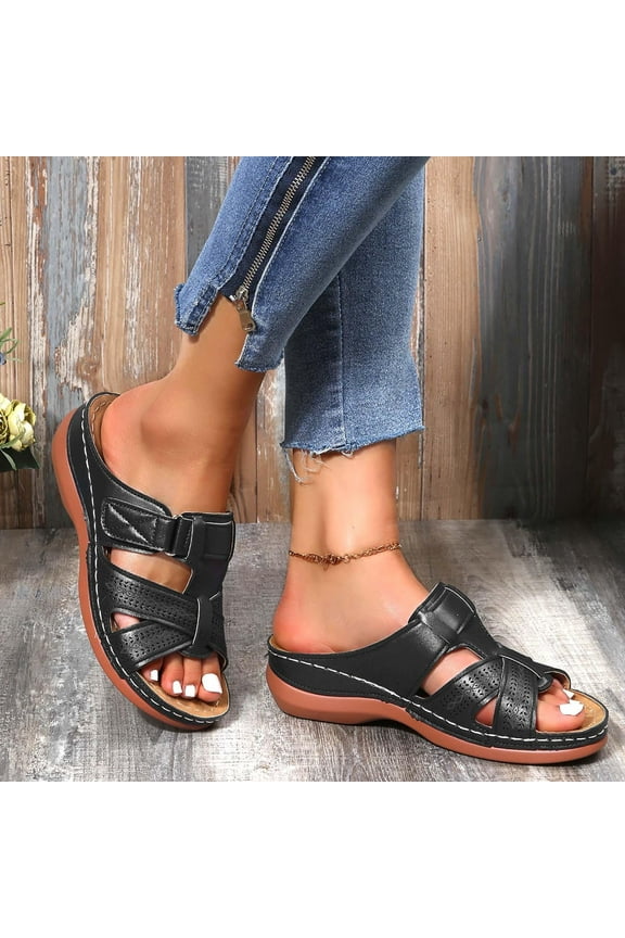 Women Casual Sandals with Arch Support Adjustable Hook and Loop Straps Slip-On Outdoor Light Weight Sandals Black Size 9