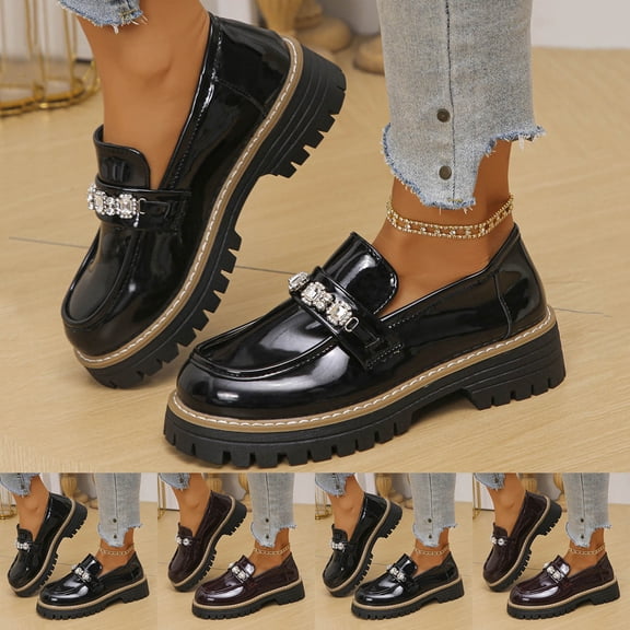 HAOTAGS Women Chunky Heel Loafers,Chunky Heel Flat Toe Low Heel Casual Dress Shoes Brown