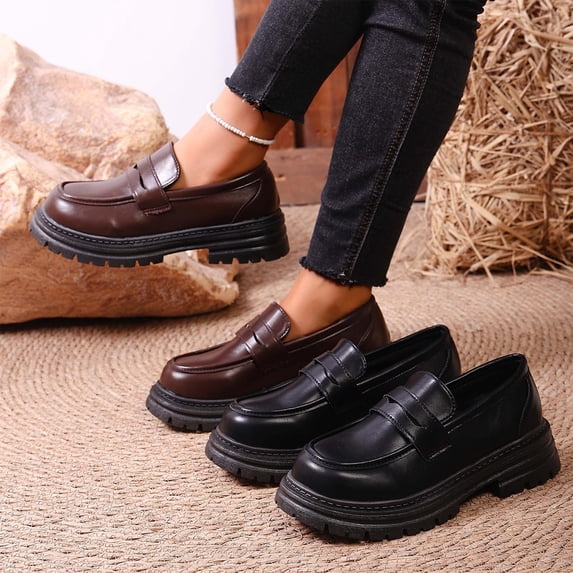 HAOTAGS Women Classic Loafers with Substantial Heel,Thick-Soled Slingbacks Peep Toe Polished Casual Shoes Brown