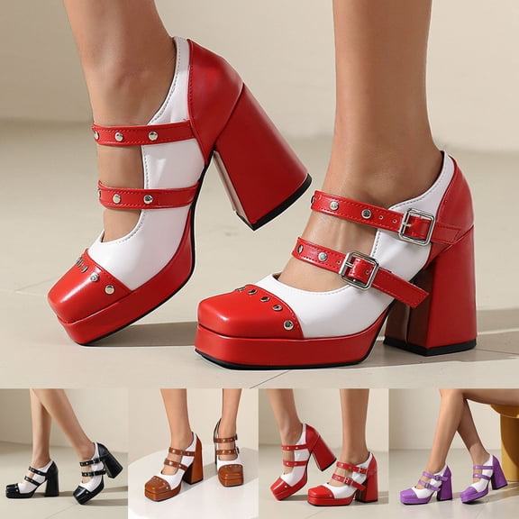 HAOTAGS Women Classic Mary Jane,Closed Toe Thick-Soled Chunky High Heel Color-blocked Dress Shoes Red 6