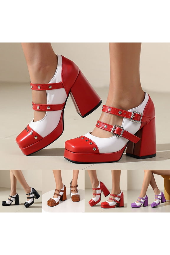 Women Classic Mary Jane,Closed Toe Thick-Soled Chunky High Heel Color-blocked Dress Shoes Red 6