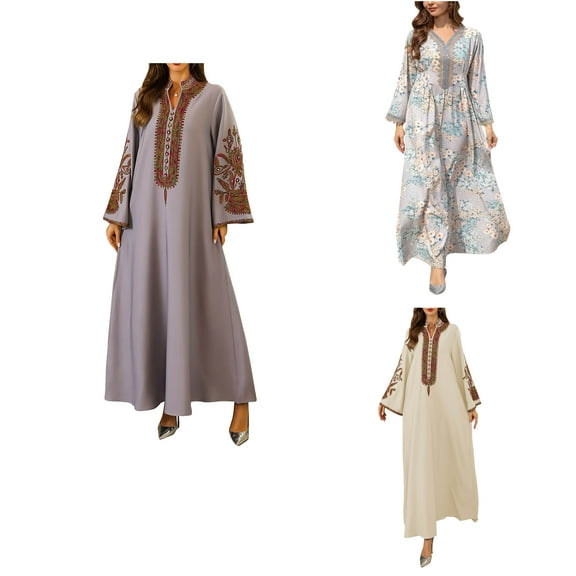 HAOTAGS Women Cocktail Dress, V Neck Printed Long Sleeve Muslim Casual Dress Gray M