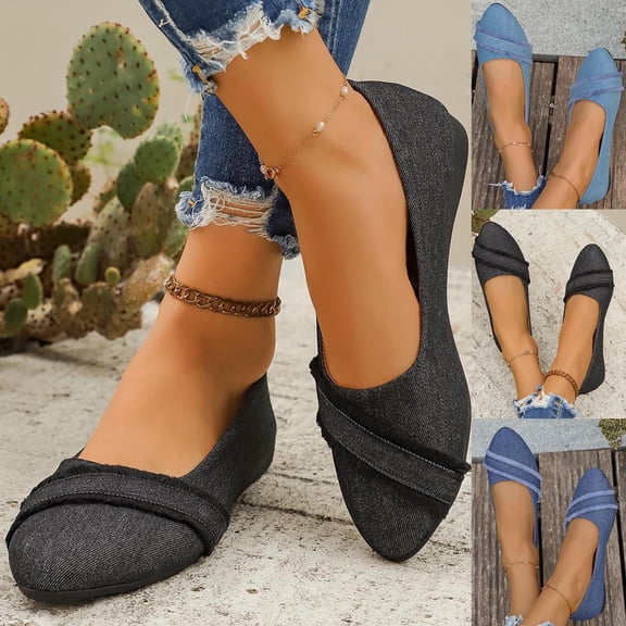 HAOTAGS Women Denim Flats,Everyday Slip Ons Pointy Toe Low Cut Loafers Casual Shoes Blue