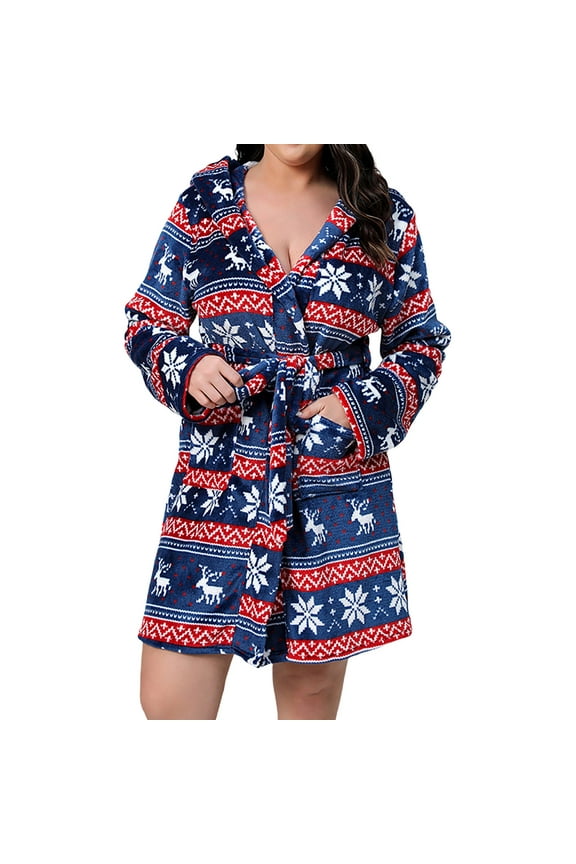 Women Flannel Robe Dress, Long Sleeves Loungewear Nightgown Sleepwear Dress Blue XXXXXL