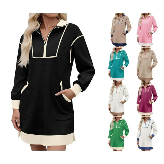 HAOTAGS Women Half-zip Dress, V-neck Athletic Full Zip Casual Fall Dress Black S