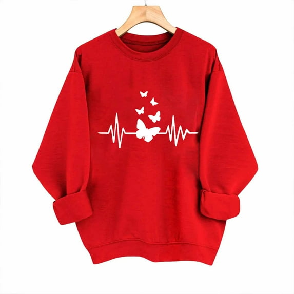 HAOTAGS Women Holiday T - shirt, Round Neck Valentine's Day Long Sleeve Love Print Casual Shirt Red L