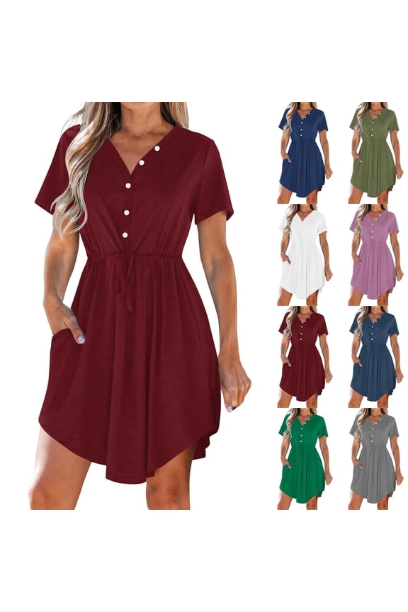 Women Linen-Cotton Blend Dresses Short Rolled Sleeve Drawstring Cinched Waist Asymmetric Hi-Lo Hem Side Pocket Casual Dress Purple Size M