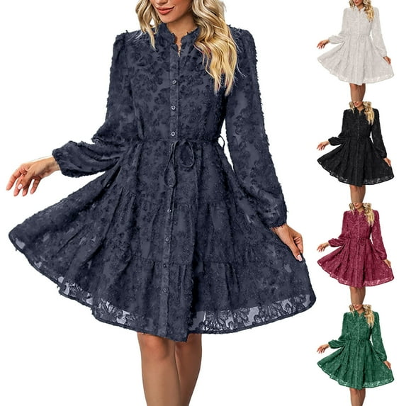 HAOTAGS Women Long Sleeve Dresses, Comfortable Causal Round Neck Button-Up Long Sleeve Dress Navy S