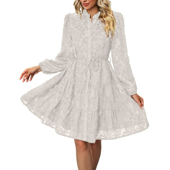 HAOTAGS Women Long Sleeve Dresses, Comfortable Round Neck Causal Button-Up Long Sleeve Dress Beige S