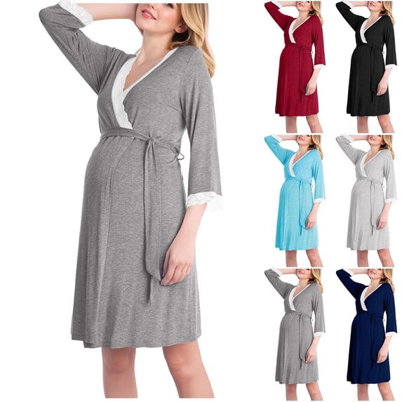 HAOTAGS Women Maternity Robe-Dresses, Adjustable Tie Waist V-Neck Soft Draping 3/4 Sleeve Knee Length Nursing Dress Dark Gray XL