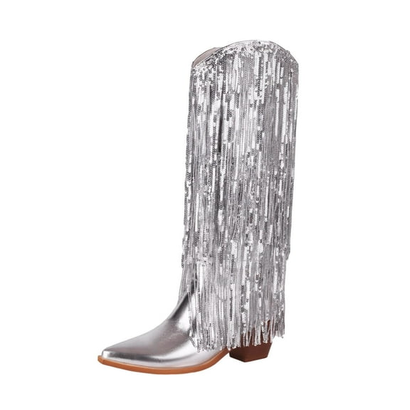 HAOTAGS Women Mid-Calf High Boots, Sweet-Cool Glamour Thick Heel Sequined Tassel Pointed Toe Boots Silver