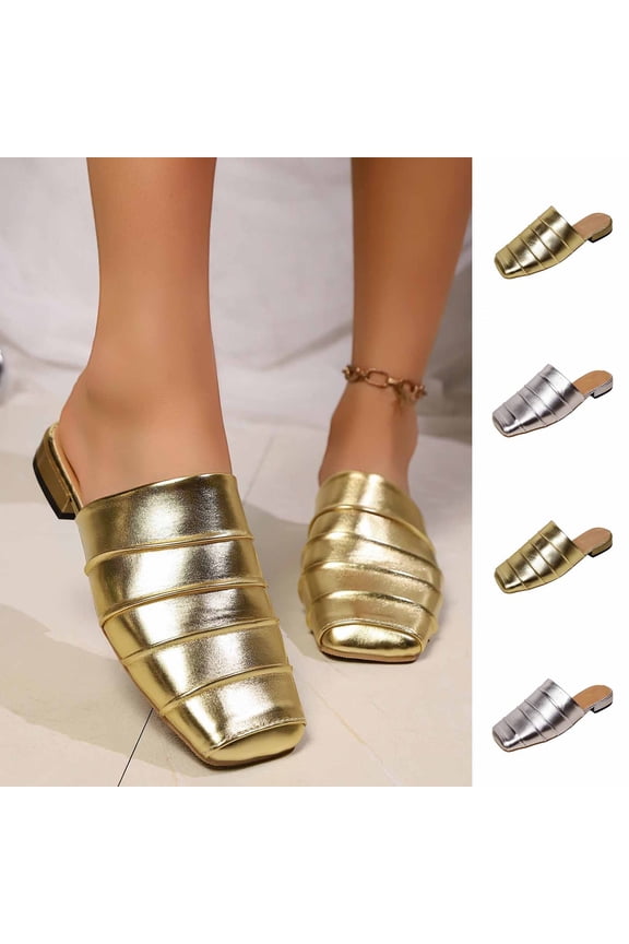 Women Mule Slides Flat,Breathable Square Toe Pump Slide On Summer Shoes Silver 5.5