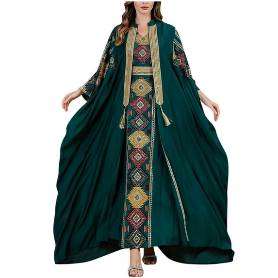 HAOTAGS Women Muslim Dresses, Long Sleeve Elastic Loose Women's Printed Two-Piece Dress Green XL