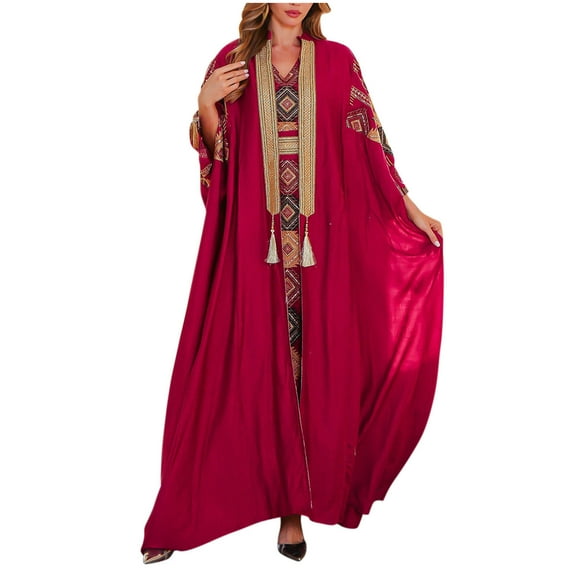 HAOTAGS Women Muslim Dresses, Loose Long Sleeve Elastic Women's Printed Two-Piece Dress Red XXL